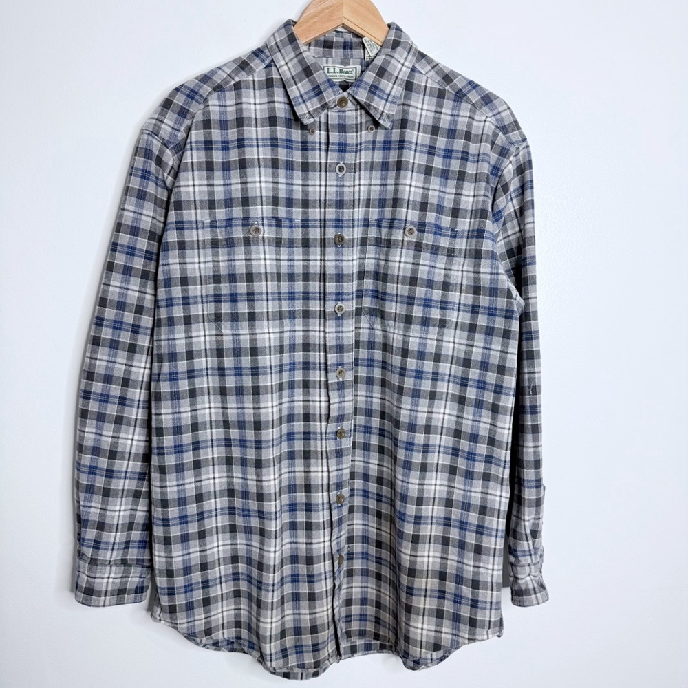 L.L. Bean Men's Large Tall Chamois Cloth Shirt Gray Blue White Plaid Two Pockets